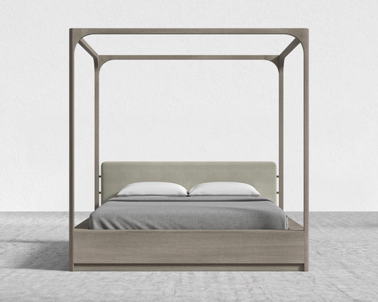 Nerva Canopy Bed - Queen, Grey Oak Veneer, Plush Velvet - Oat